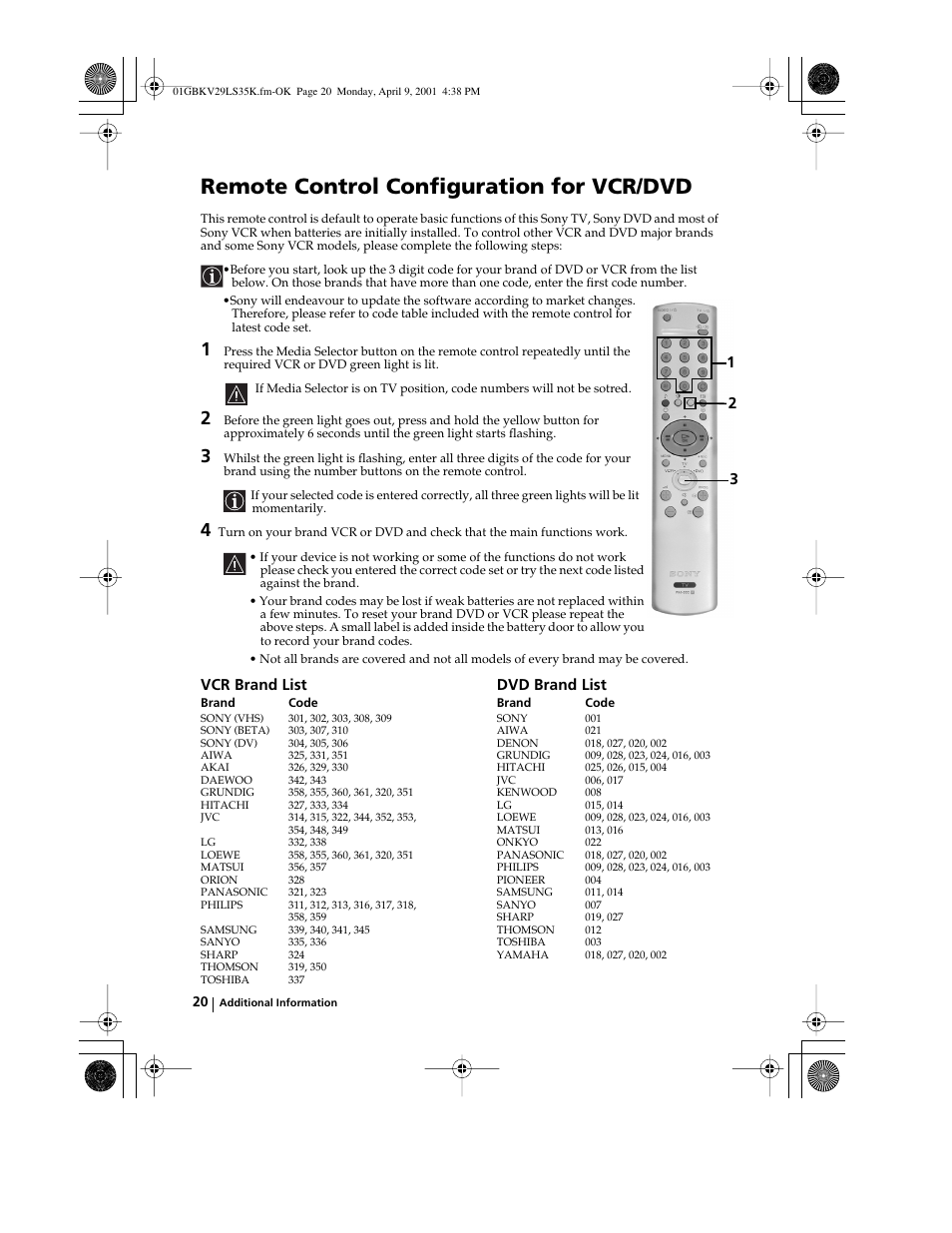 Remote control configuration for vcr/dvd, Vcr brand list dvd brand list | Sony KV-29LS35K User Manual | Page 19 / 122