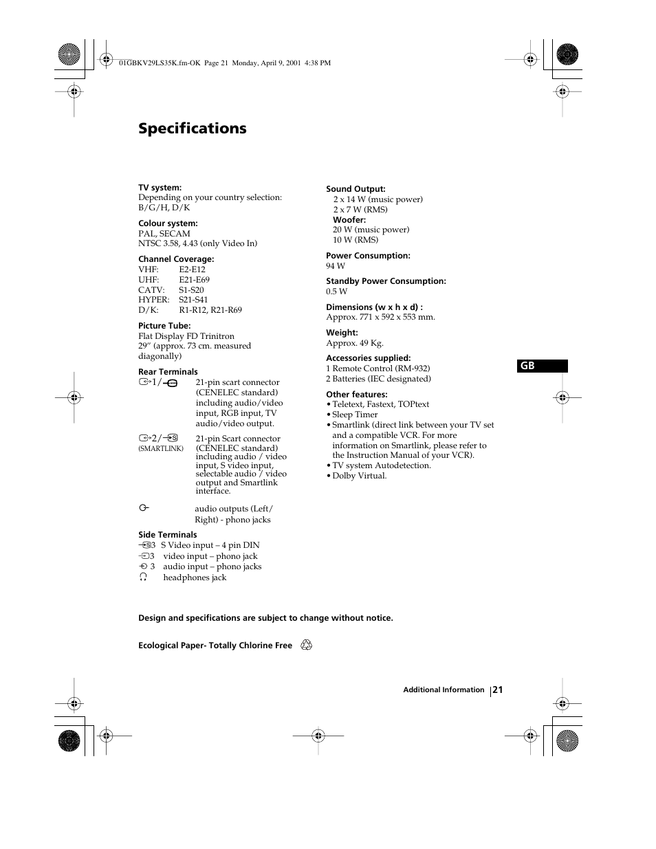 Specifications | Sony KV-29LS35K User Manual | Page 20 / 122