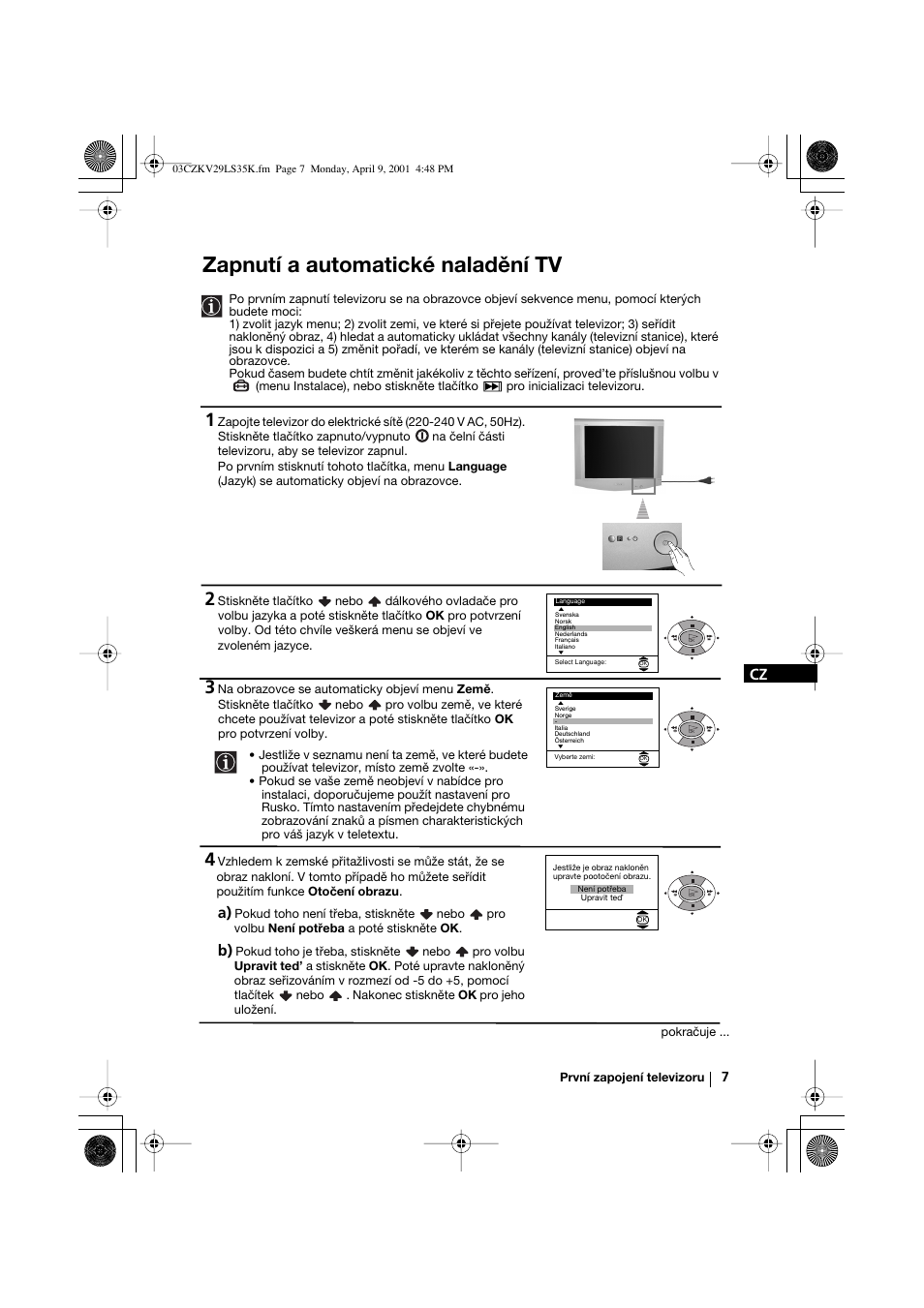 Zapnutí a automatické naladění tv | Sony KV-29LS35K User Manual | Page 46 / 122