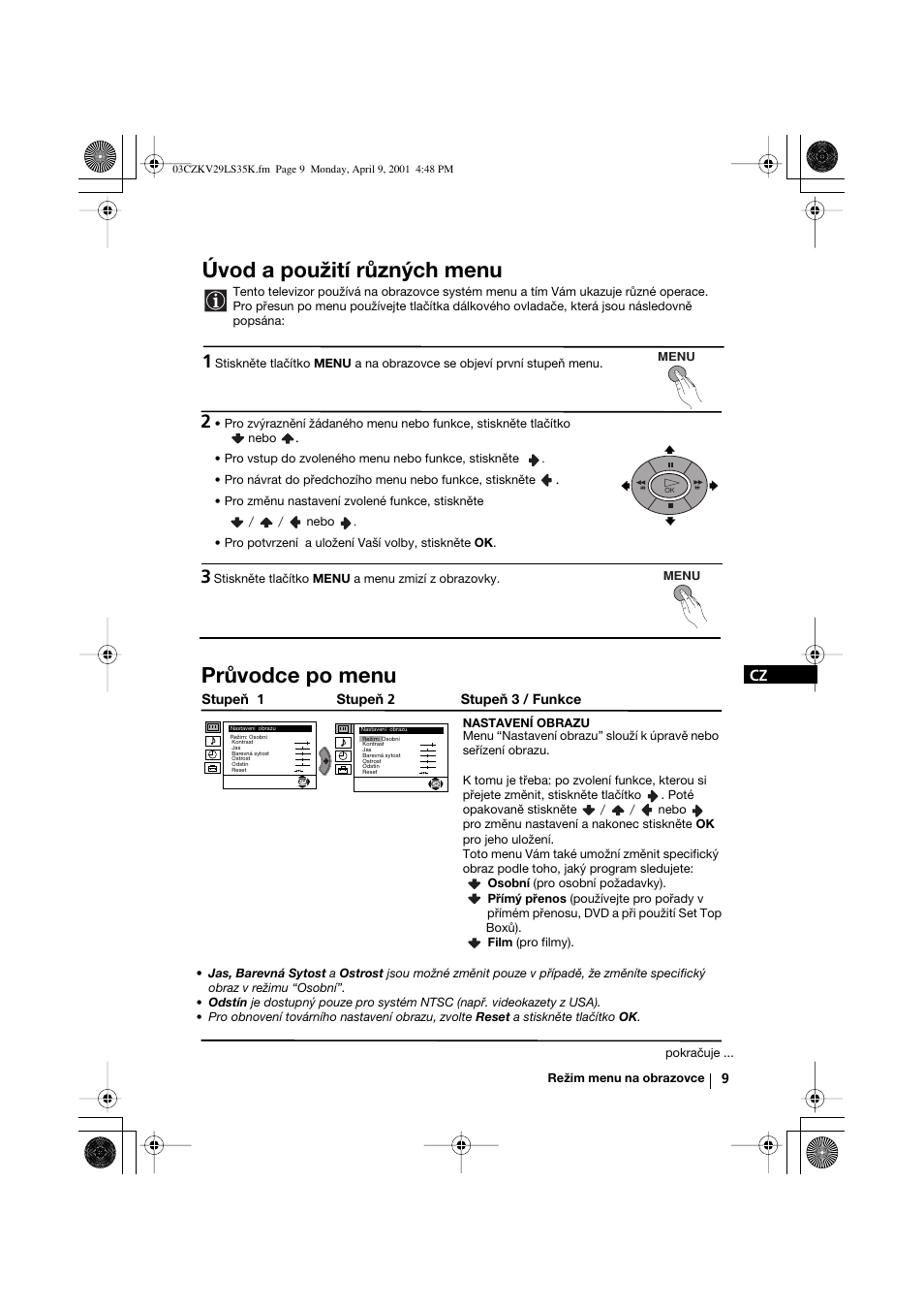 Úvod a použití různých menu, Průvodce po menu | Sony KV-29LS35K User Manual | Page 48 / 122