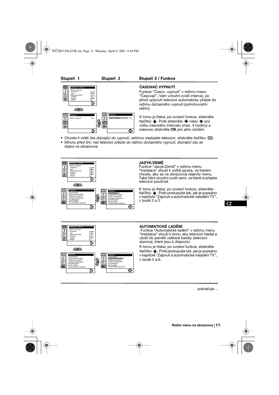 Stupeň 1 stupeň 2 stupeň 3 / funkce | Sony KV-29LS35K User Manual | Page 50 / 122