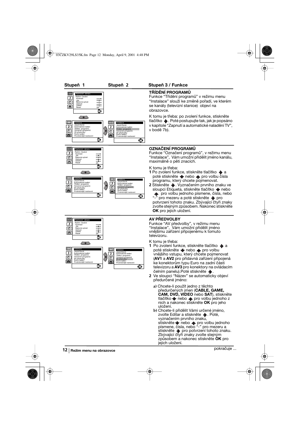 Stupeň 1 stupeň 2 stupeň 3 / funkce | Sony KV-29LS35K User Manual | Page 51 / 122