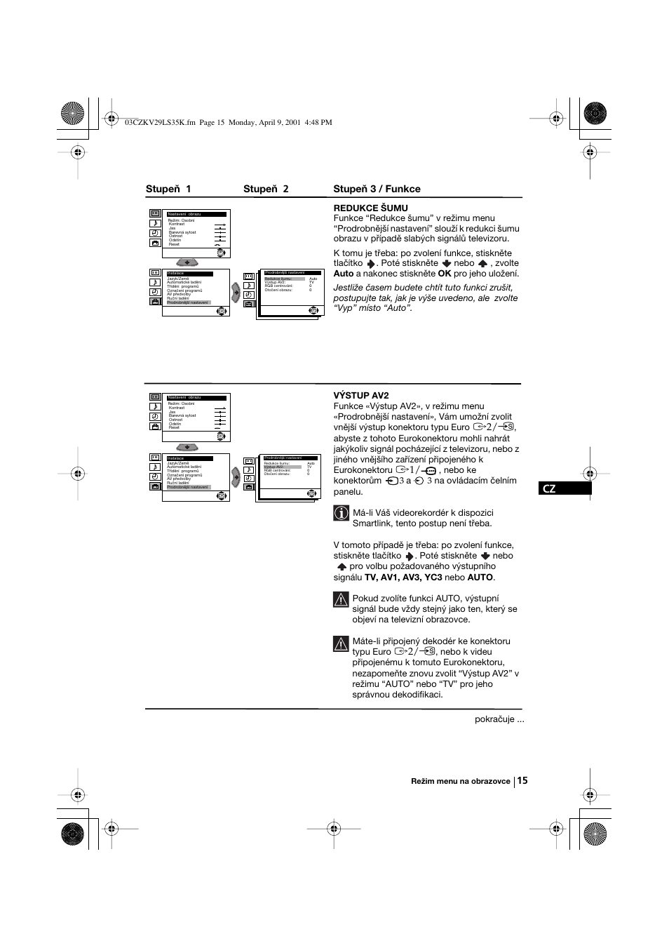 Stupeň 1 stupeň 2 stupeň 3 / funkce | Sony KV-29LS35K User Manual | Page 54 / 122