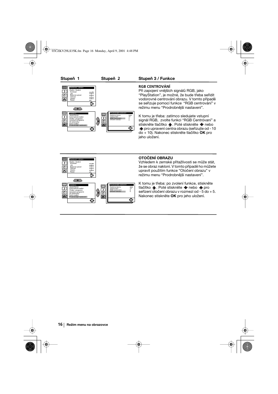 Stupeň 1 stupeň 2 stupeň 3 / funkce | Sony KV-29LS35K User Manual | Page 55 / 122