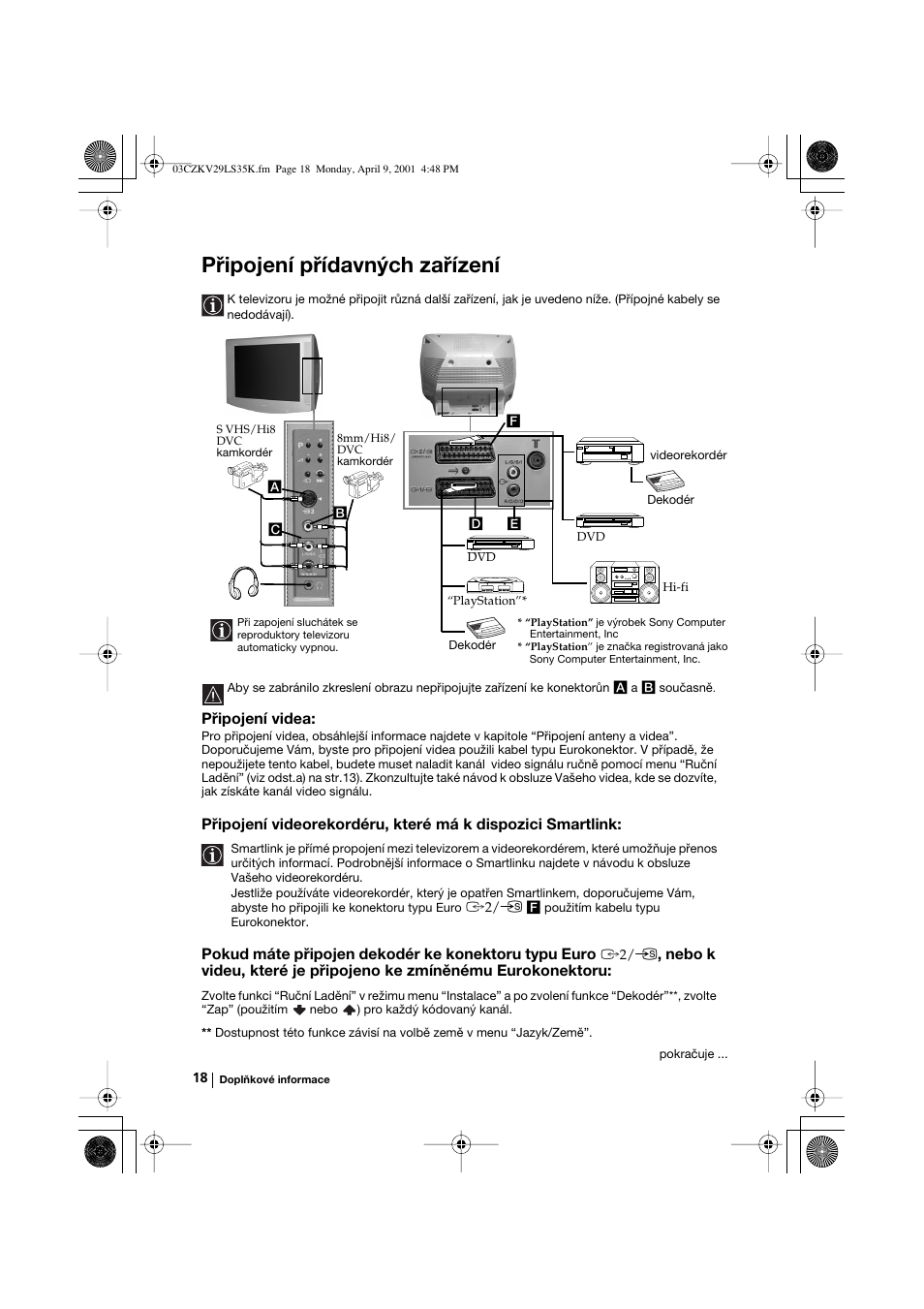 Připojení přídavných zařízení, Připojení videa, Pokud máte připojen dekodér ke konektoru typu euro | Sony KV-29LS35K User Manual | Page 57 / 122