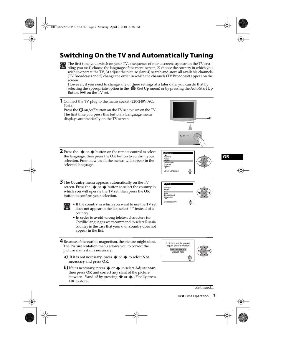Switching on the tv and automatically tuning | Sony KV-29LS35K User Manual | Page 6 / 122