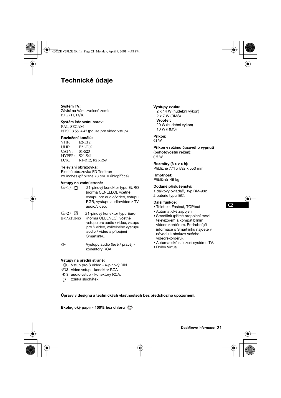 Technické údaje | Sony KV-29LS35K User Manual | Page 60 / 122