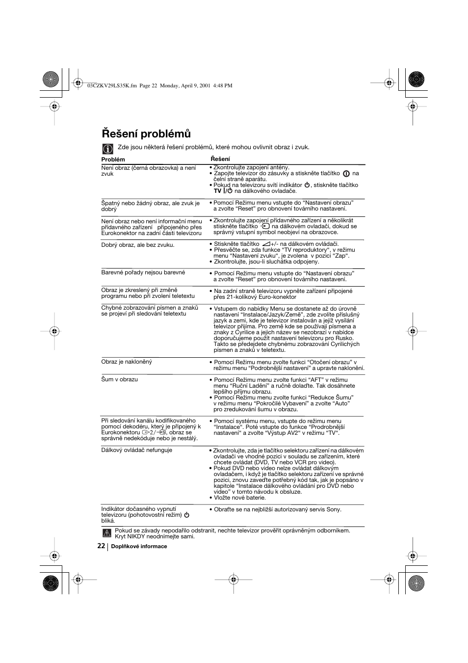 Řešení problémů | Sony KV-29LS35K User Manual | Page 61 / 122