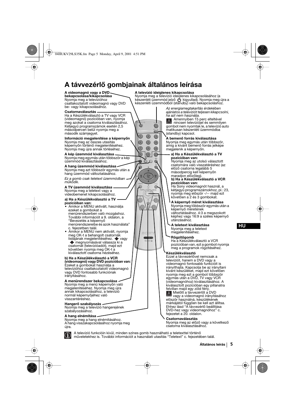A távvezérlő gombjainak általános leírása | Sony KV-29LS35K User Manual | Page 64 / 122