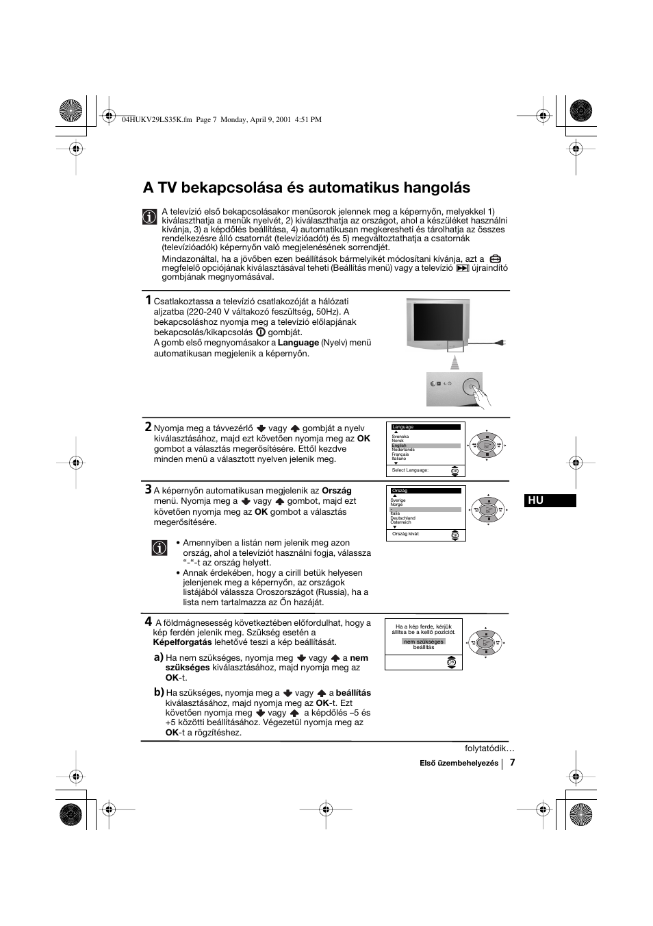 A tv bekapcsolása és automatikus hangolás | Sony KV-29LS35K User Manual | Page 66 / 122