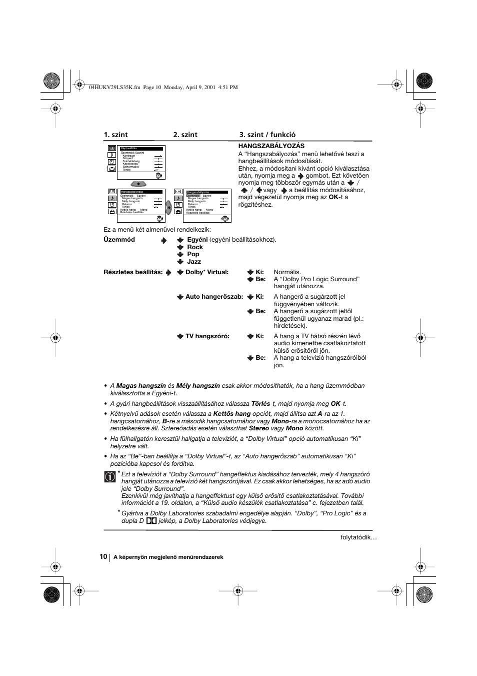 Szint 2. szint 3. szint / funkció | Sony KV-29LS35K User Manual | Page 69 / 122