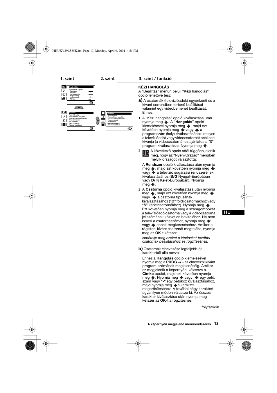 Szint 2. szint 3. szint / funkció | Sony KV-29LS35K User Manual | Page 72 / 122