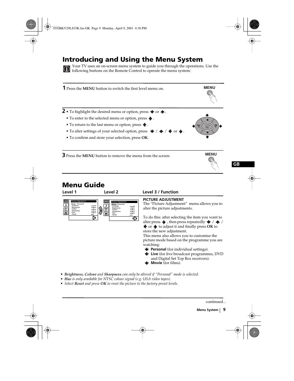 Introducing and using the menu system, Menu guide | Sony KV-29LS35K User Manual | Page 8 / 122