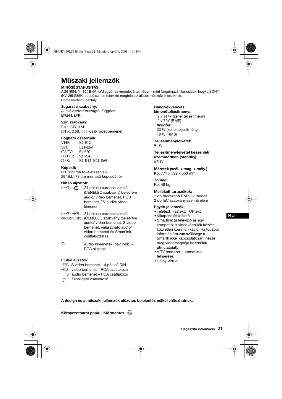 Műszaki jellemzők | Sony KV-29LS35K User Manual | Page 80 / 122