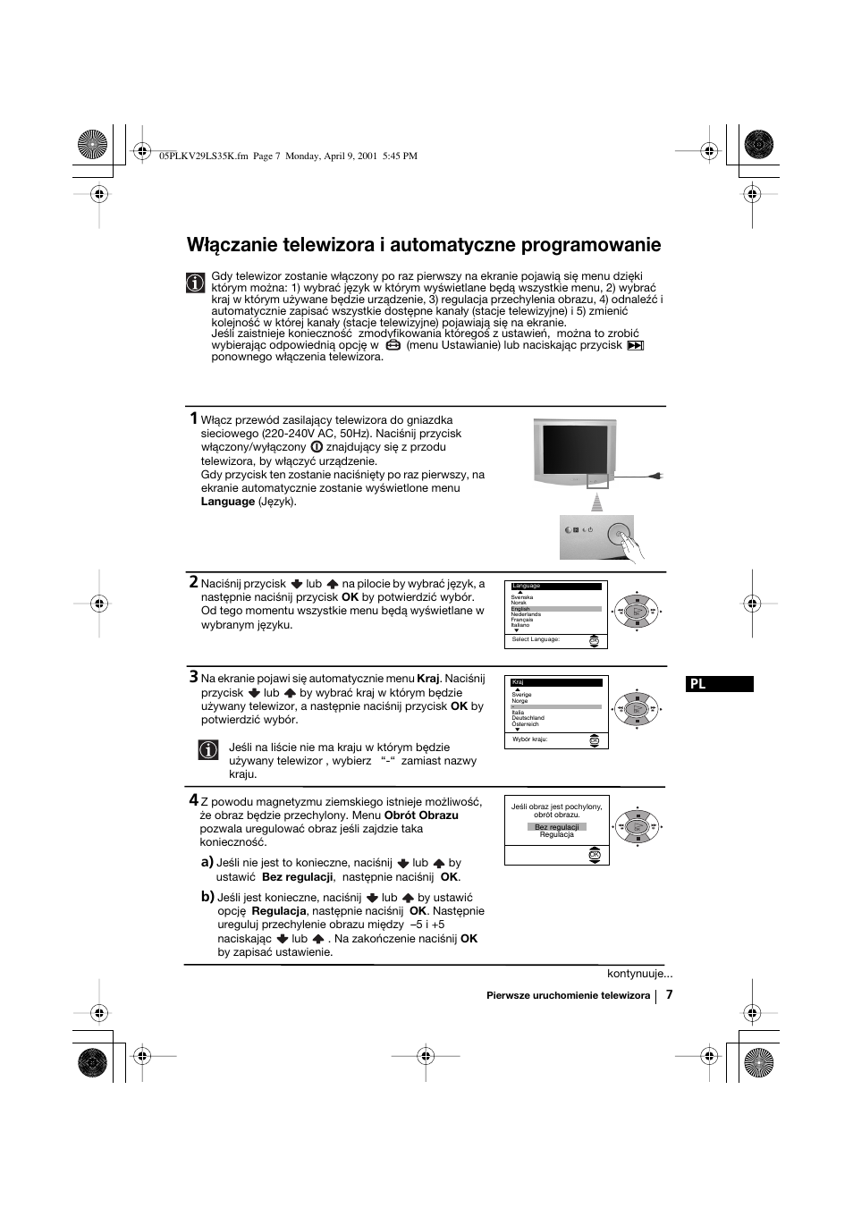 Włączanie telewizora i automatyczne programowanie | Sony KV-29LS35K User Manual | Page 86 / 122