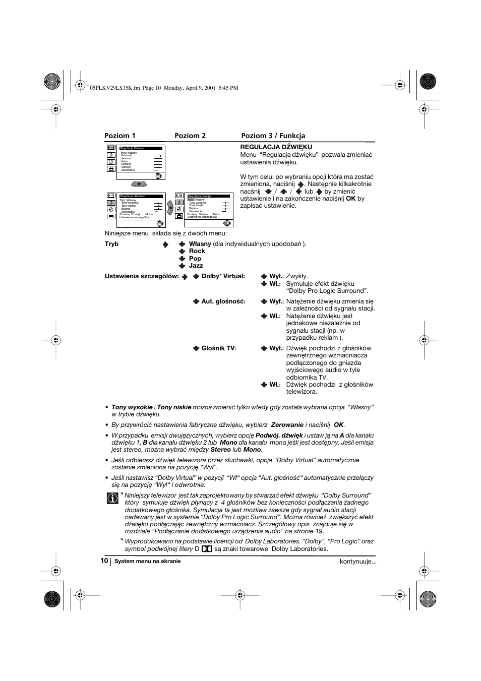 Poziom 1 poziom 2 poziom 3 / funkcja | Sony KV-29LS35K User Manual | Page 89 / 122