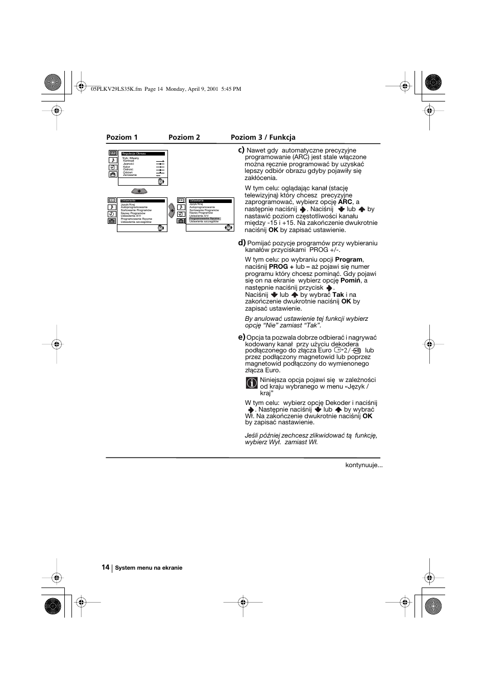 Poziom 1 poziom 2 poziom 3 / funkcja | Sony KV-29LS35K User Manual | Page 93 / 122