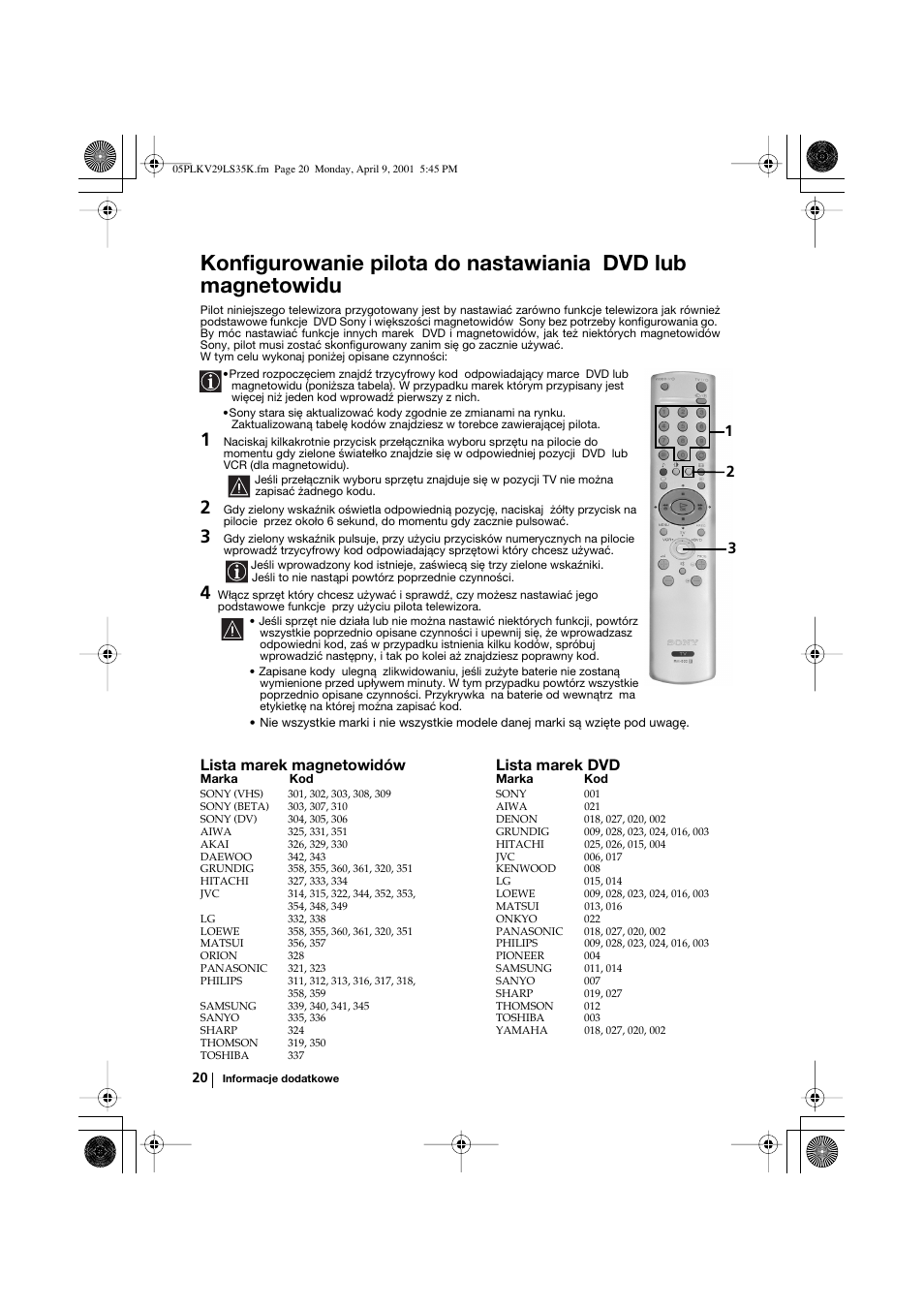 Lista marek magnetowidów lista marek dvd | Sony KV-29LS35K User Manual | Page 99 / 122