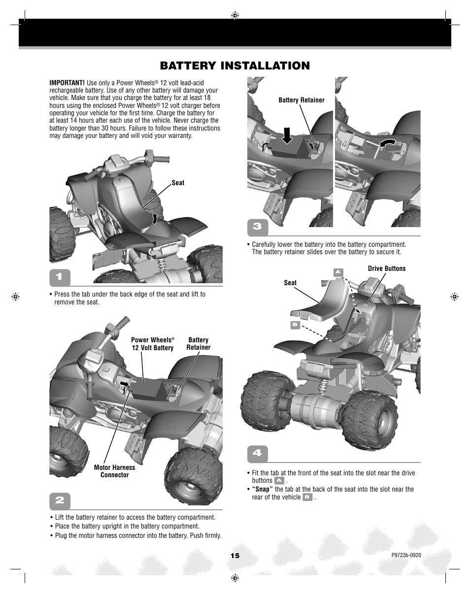 Battery installation | Kawasaki KFX T4872 User Manual | Page 15 / 25