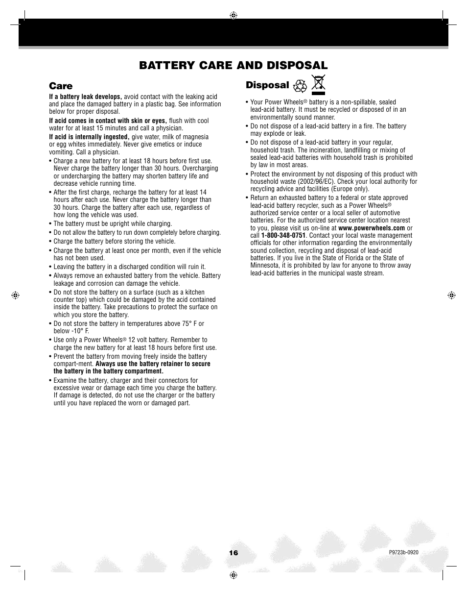 Battery care and disposal, Care, Disposal | Kawasaki KFX T4872 User Manual | Page 16 / 25
