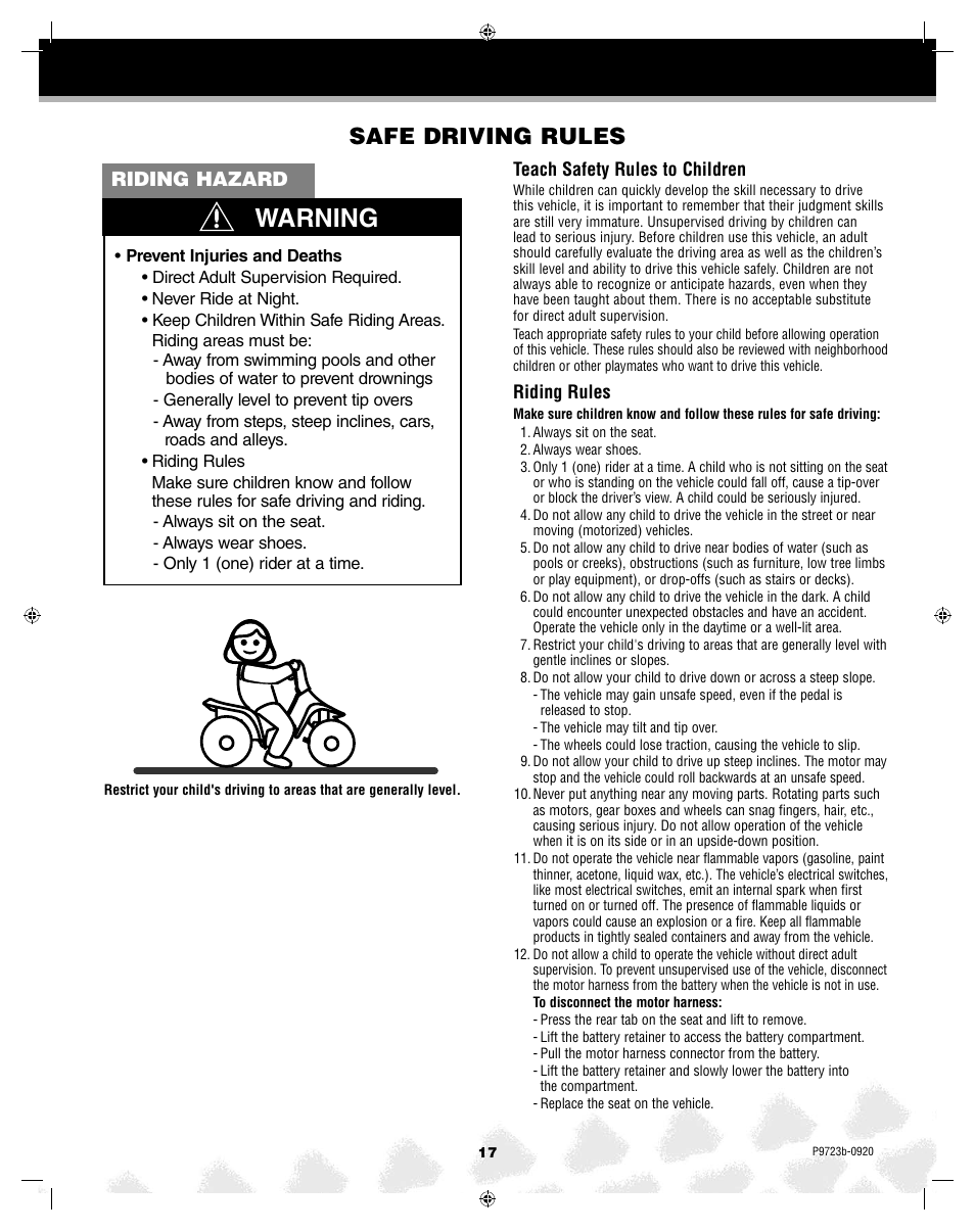 Warning, Safe driving rules, Riding hazard | Kawasaki KFX T4872 User Manual | Page 17 / 25