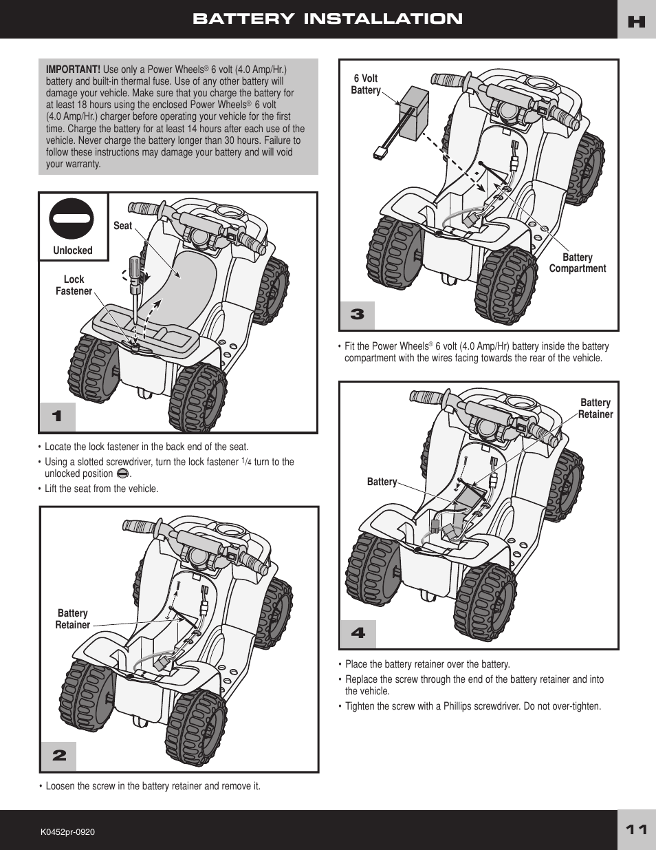 Battery installation | Kawasaki K0452 User Manual | Page 11 / 20