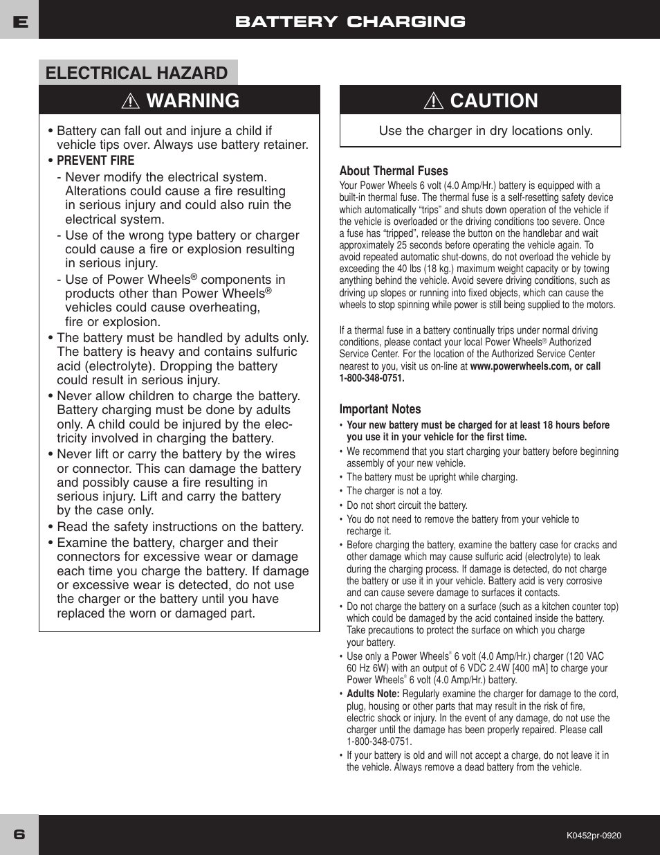 Warning, Caution, Electrical hazard | Battery charging | Kawasaki K0452 User Manual | Page 6 / 20