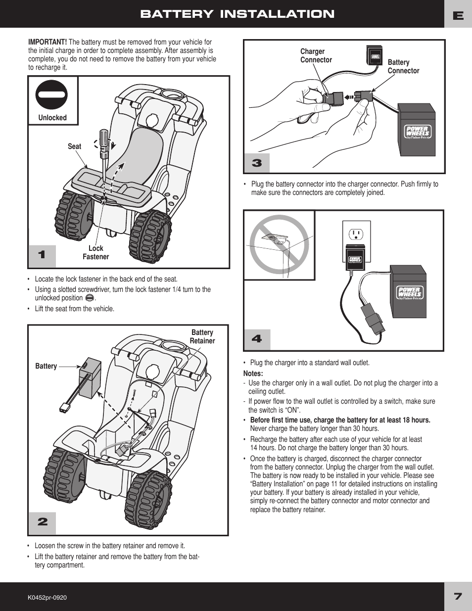 Battery installation | Kawasaki K0452 User Manual | Page 7 / 20