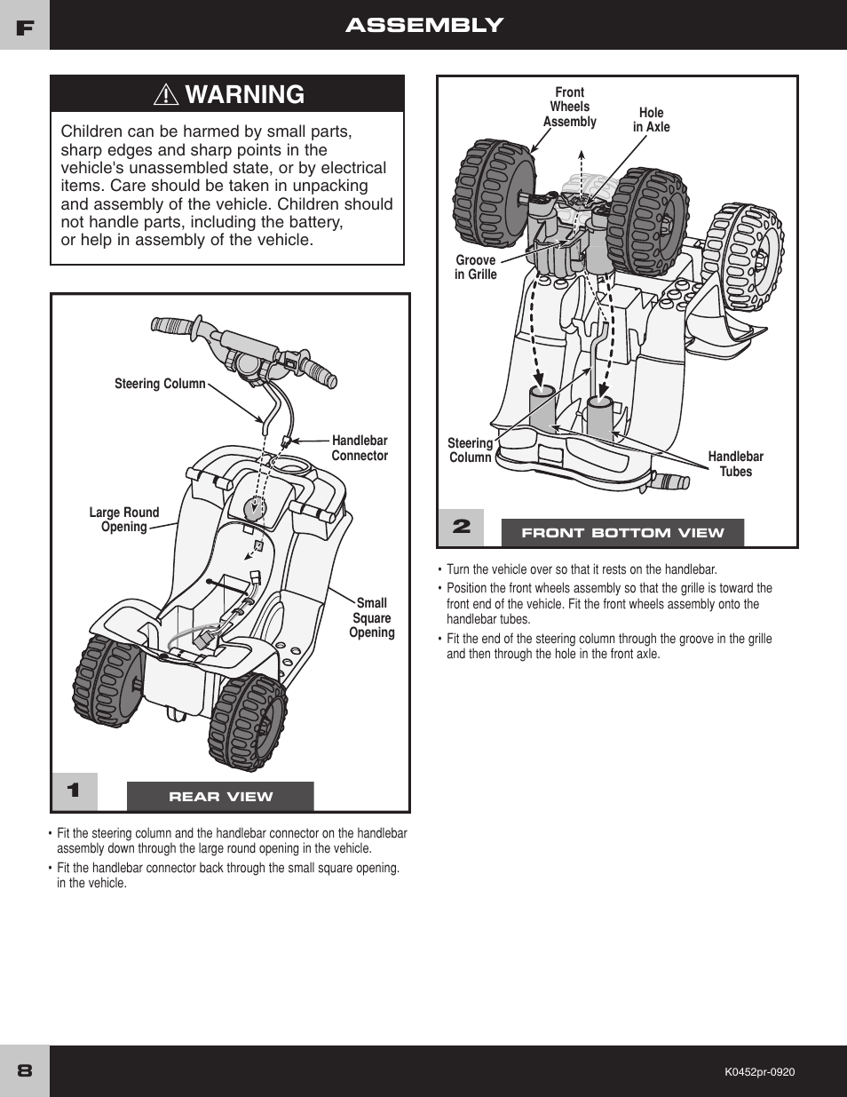 Warning, Assembly | Kawasaki K0452 User Manual | Page 8 / 20