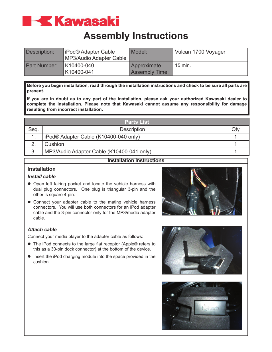 Kawasaki K10400-040 User Manual | 4 pages