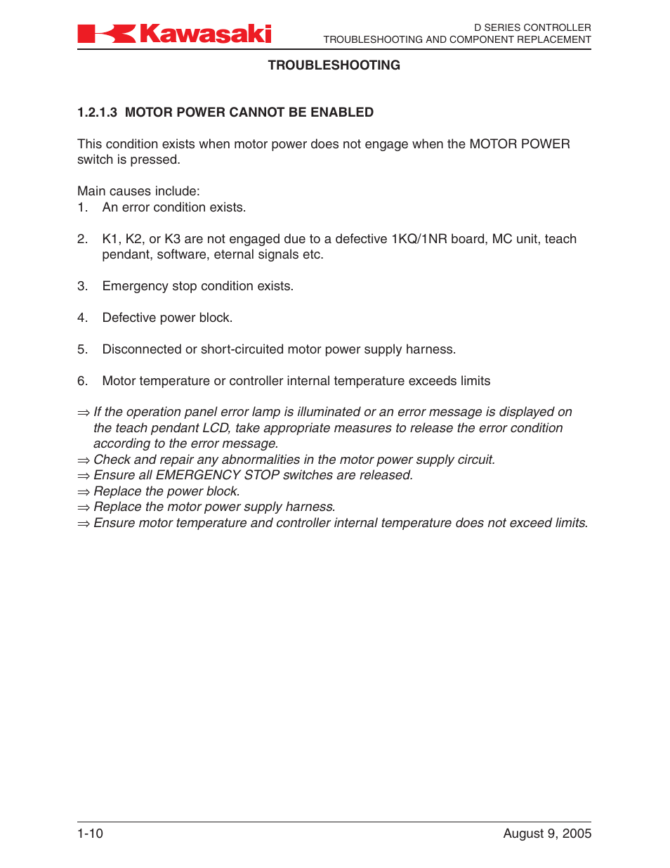 3 motor power cannot be enabled, Motor power cannot be enabled -10 | Kawasaki D Series Controller MPVDCONTV113E-3 User Manual | Page 13 / 259