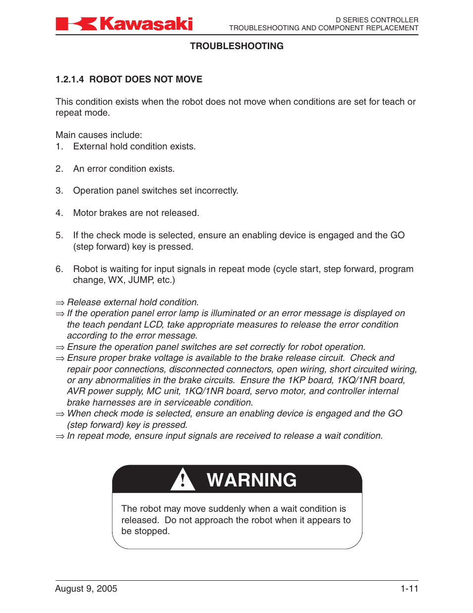 4 robot does not move, Robot does not move -11, Warning | Kawasaki D Series Controller MPVDCONTV113E-3 User Manual | Page 14 / 259