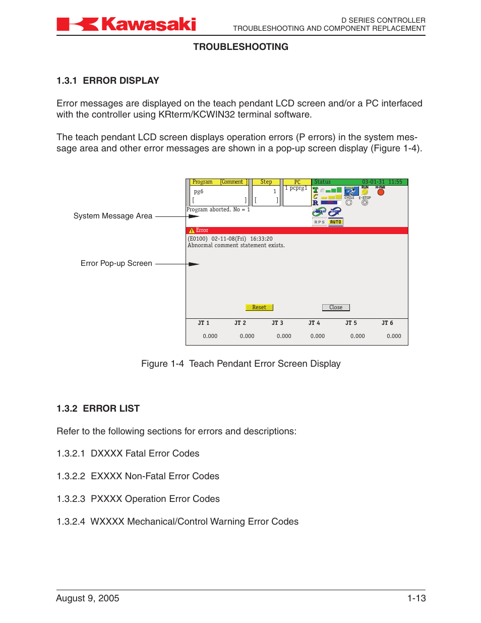 1 error display, 2 error list, Error display -13 | Error list -13 | Kawasaki D Series Controller MPVDCONTV113E-3 User Manual | Page 16 / 259