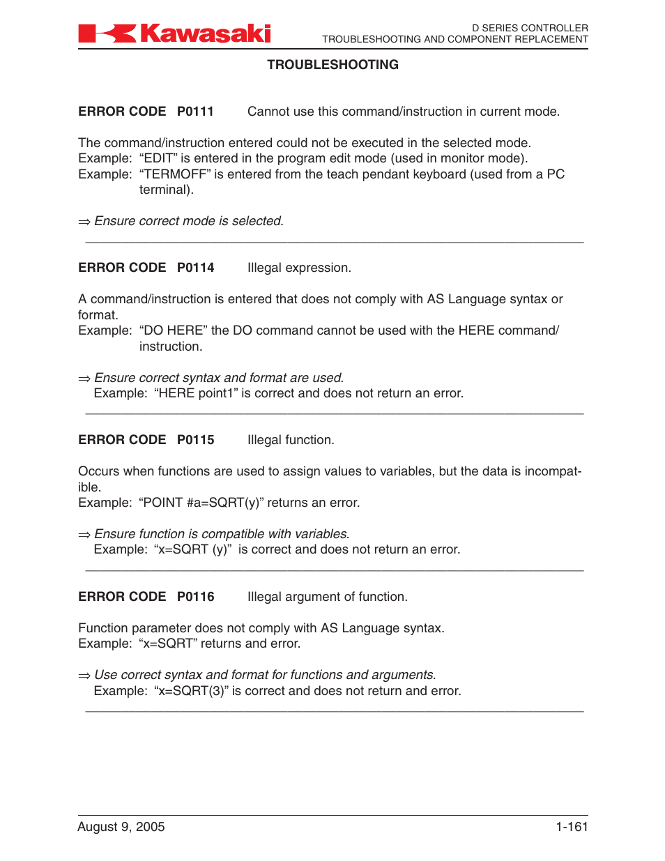 Kawasaki D Series Controller MPVDCONTV113E-3 User Manual | Page 164 / 259