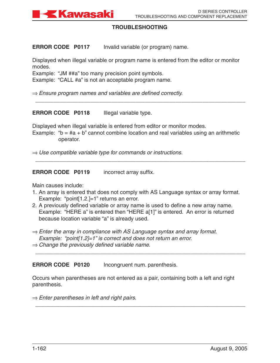 Kawasaki D Series Controller MPVDCONTV113E-3 User Manual | Page 165 / 259