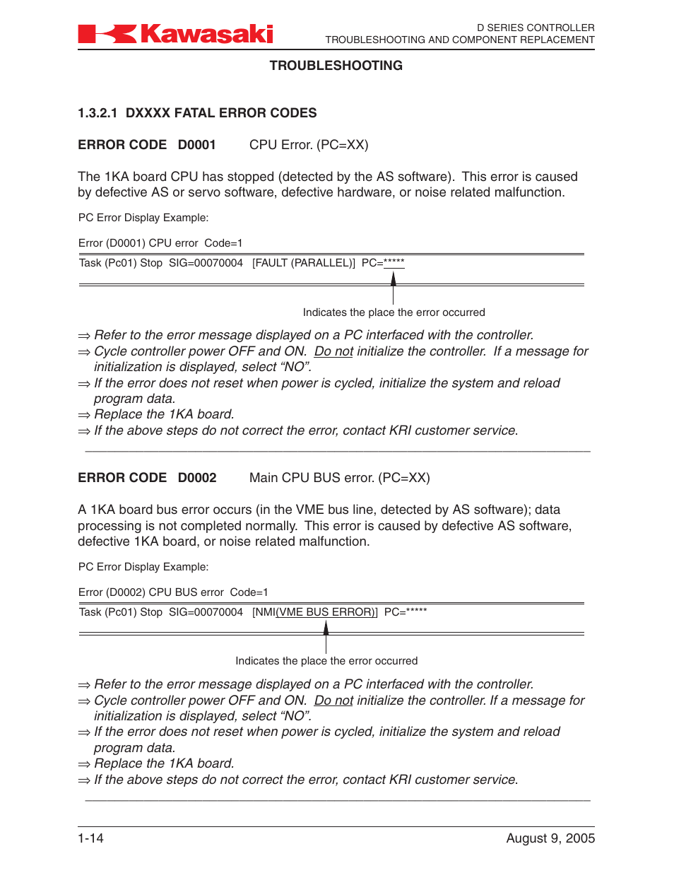 1 dxxxx fatal error codes, Dxxxx fatal error codes -14 | Kawasaki D Series Controller MPVDCONTV113E-3 User Manual | Page 17 / 259