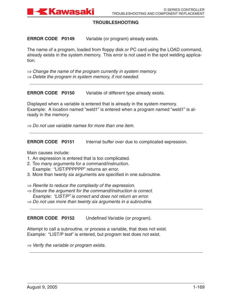 Kawasaki D Series Controller MPVDCONTV113E-3 User Manual | Page 172 / 259