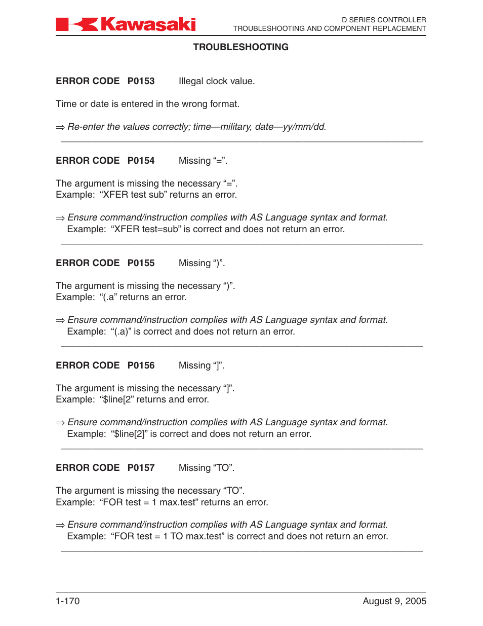 Kawasaki D Series Controller MPVDCONTV113E-3 User Manual | Page 173 / 259