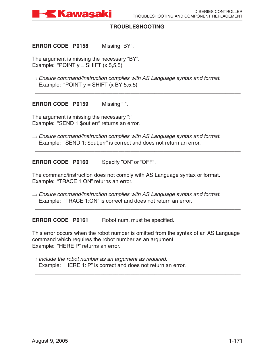 Kawasaki D Series Controller MPVDCONTV113E-3 User Manual | Page 174 / 259