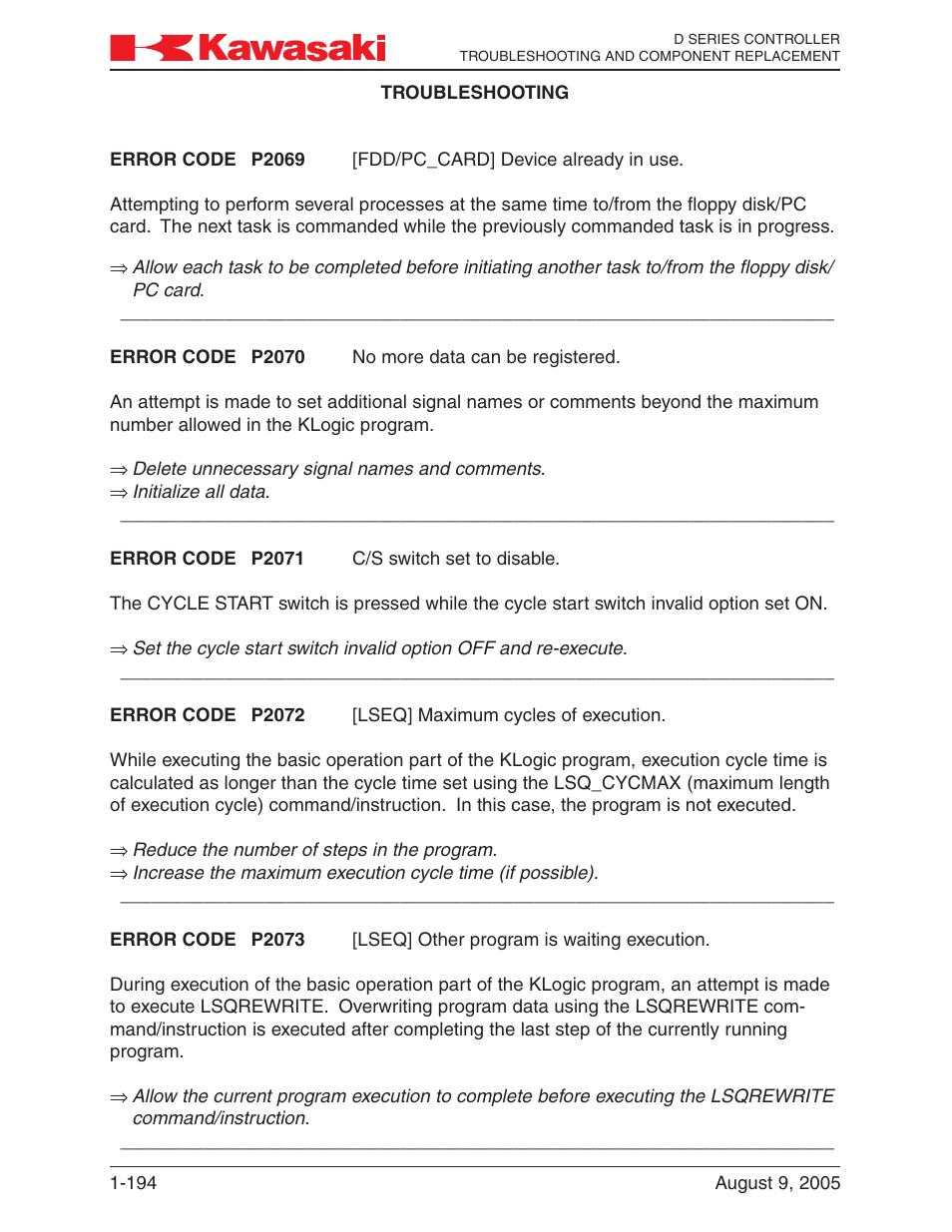 Kawasaki D Series Controller MPVDCONTV113E-3 User Manual | Page 197 / 259