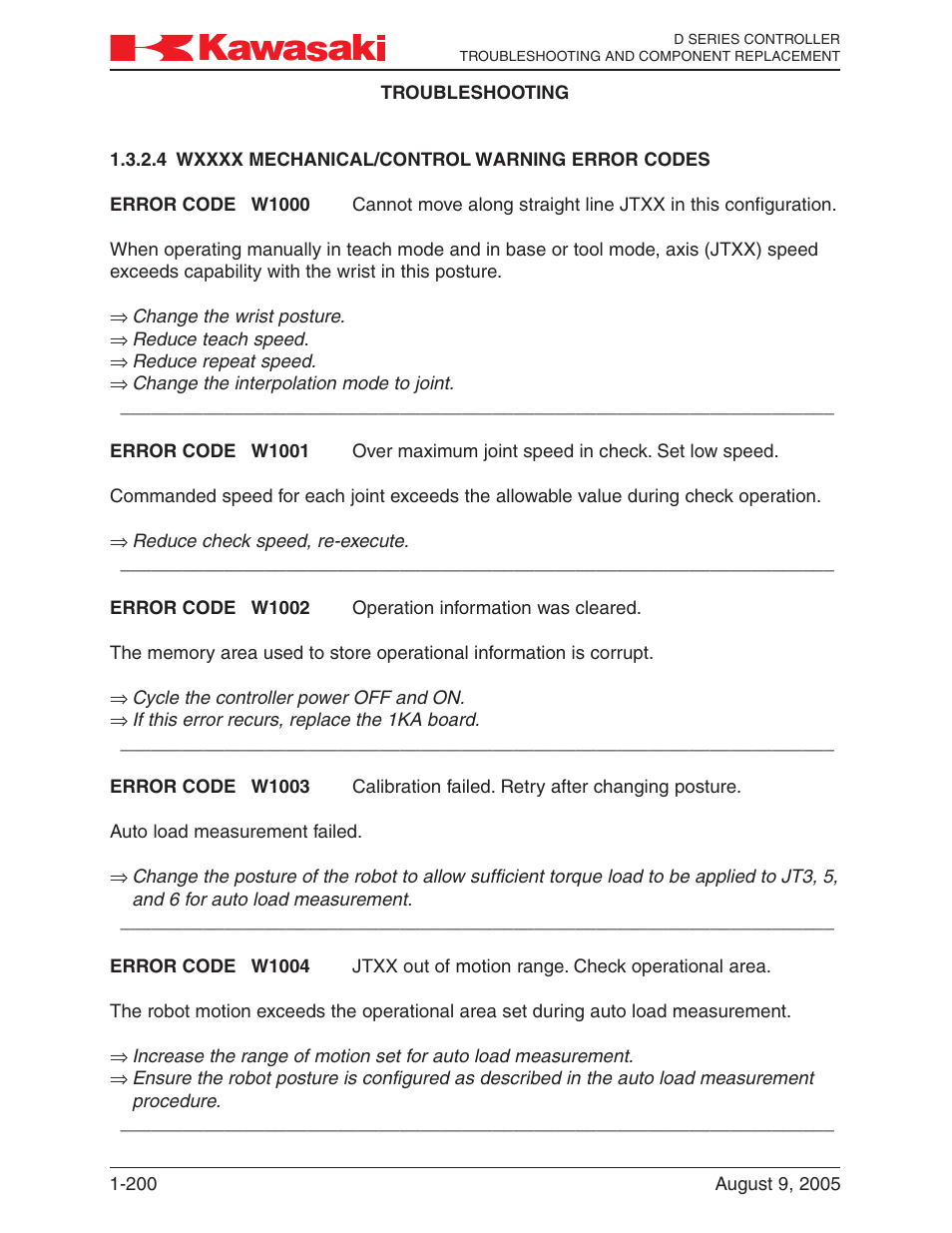 4 wxxxx mechanical/control warning error codes, Wxxxx mechanical/control warning error codes -200 | Kawasaki D Series Controller MPVDCONTV113E-3 User Manual | Page 203 / 259
