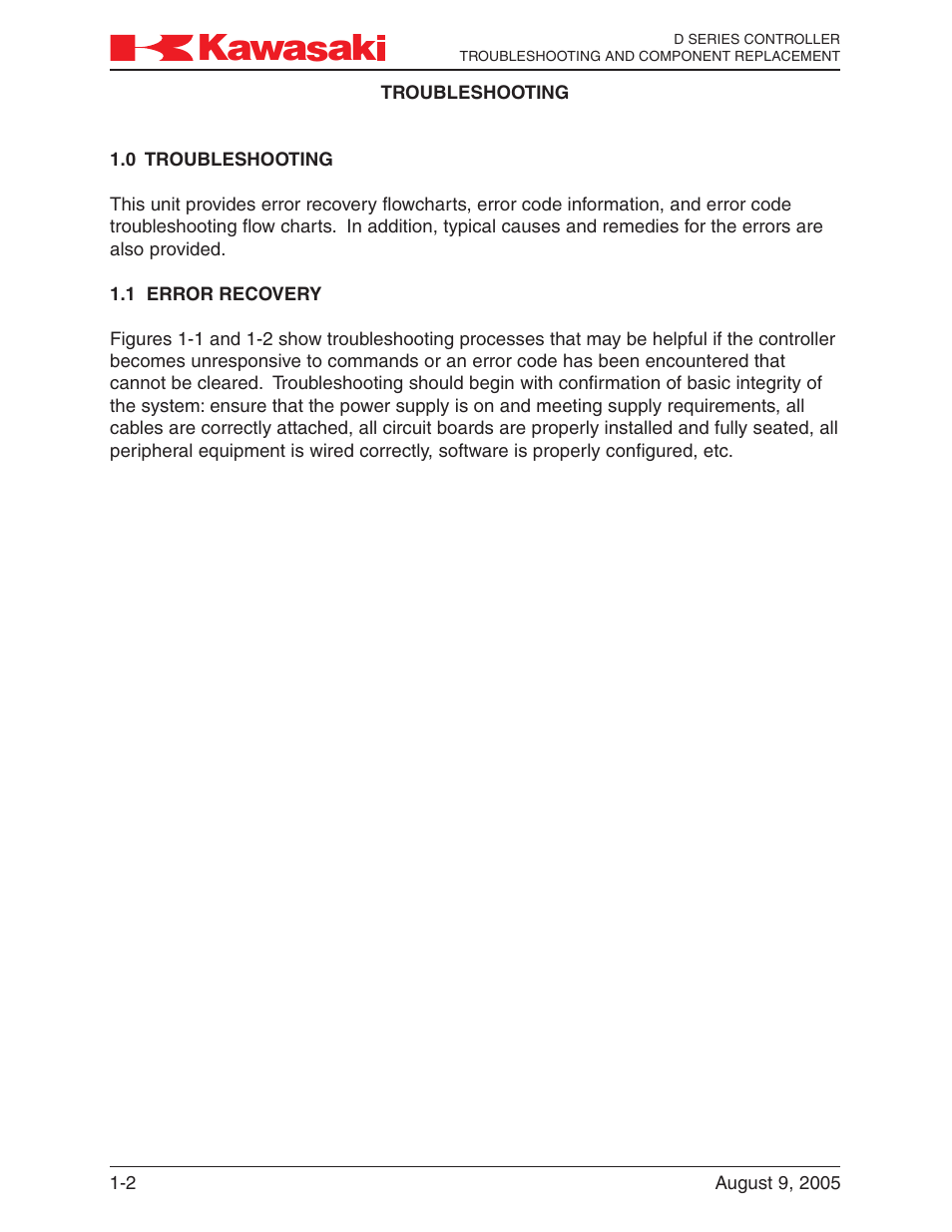 0 troubleshooting, 1 error recovery, Troubleshooting -2 | Error recovery -2 | Kawasaki D Series Controller MPVDCONTV113E-3 User Manual | Page 5 / 259
