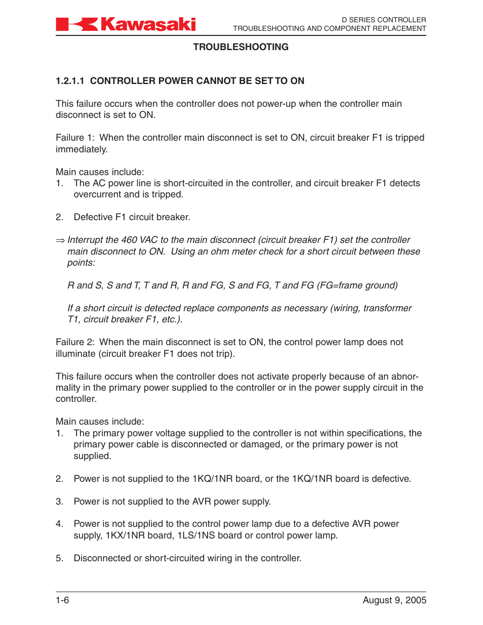 1 controller power cannot be set to on, Controller power cannot be set to on -6 | Kawasaki D Series Controller MPVDCONTV113E-3 User Manual | Page 9 / 259