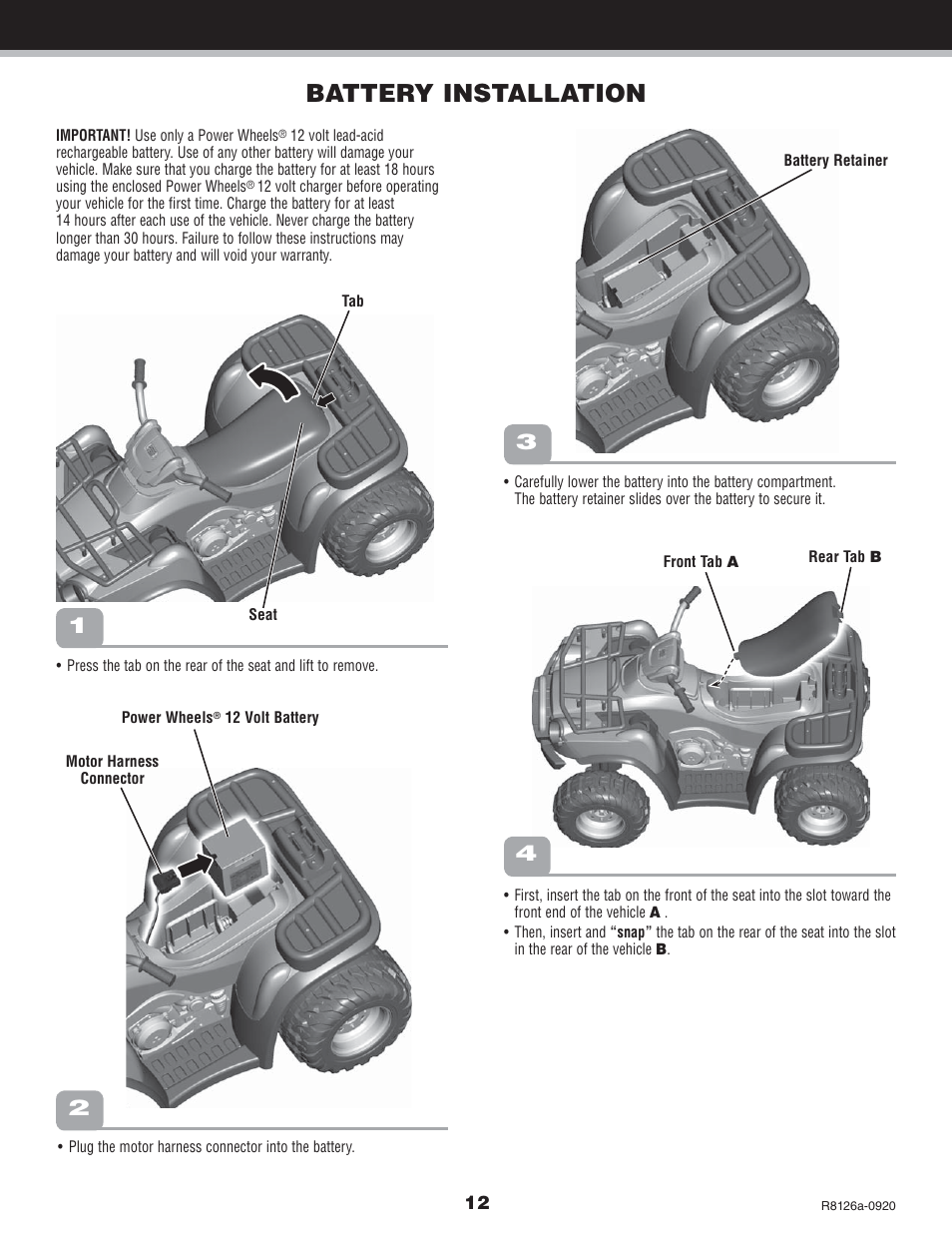 Battery installation | Kawasaki BRUTE FORCE R8126 User Manual | Page 12 / 20