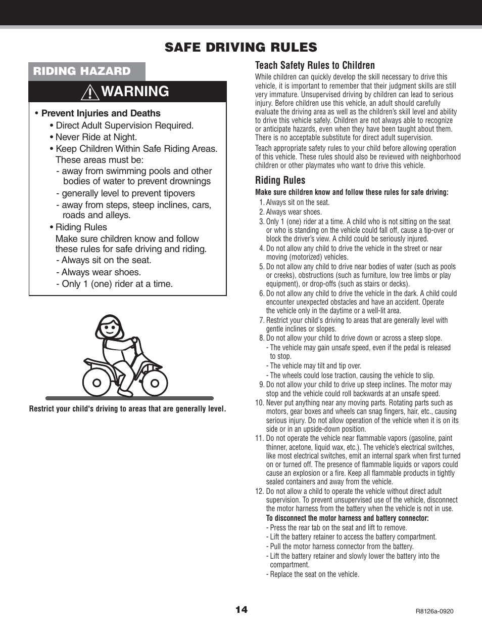 Warning, Safe driving rules, Riding hazard | Kawasaki BRUTE FORCE R8126 User Manual | Page 14 / 20