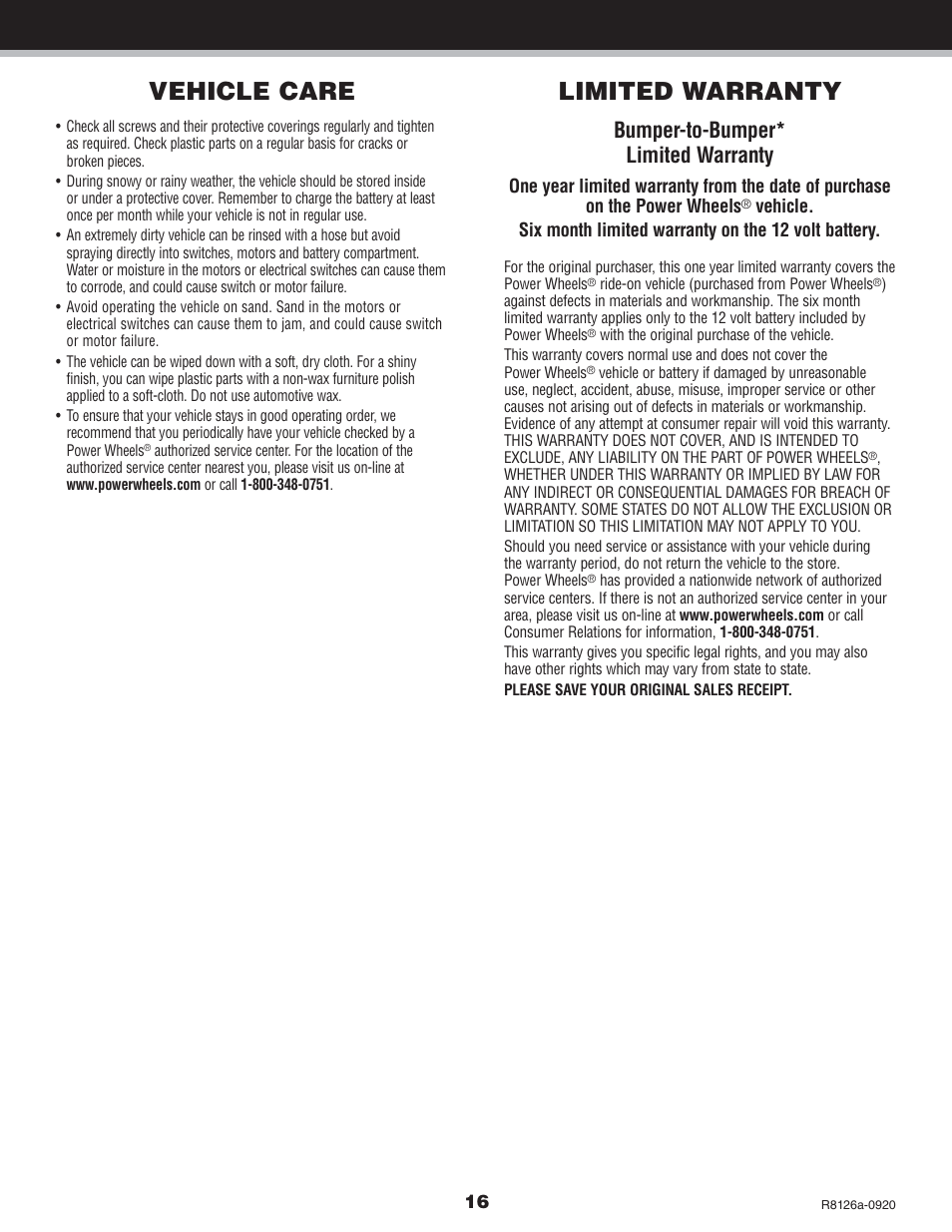 Vehicle care, Limited warranty, Bumper-to-bumper* limited warranty | Kawasaki BRUTE FORCE R8126 User Manual | Page 16 / 20