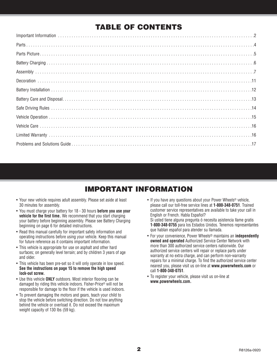Important information table of contents | Kawasaki BRUTE FORCE R8126 User Manual | Page 2 / 20