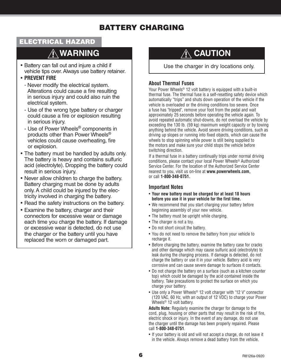 Warning, Caution, Battery charging | Electrical hazard | Kawasaki BRUTE FORCE R8126 User Manual | Page 6 / 20