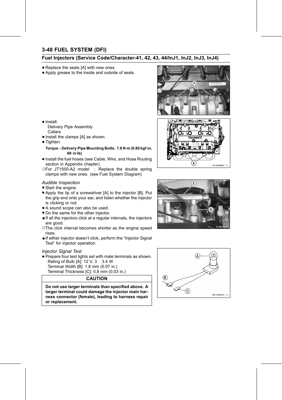 Torque, Audible inspection, Injector signal test | Kawasaki STX-15F User Manual | Page 102 / 438