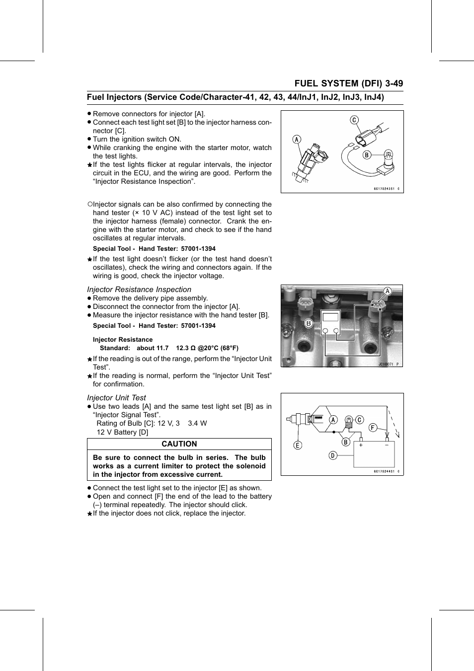 Injector resistance, Special tool, Injector resistance inspection | Injector unit test | Kawasaki STX-15F User Manual | Page 103 / 438